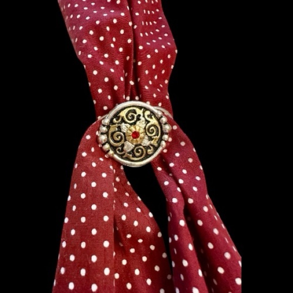 BOLO TIE & 1 1/4”, ROUND, SILVER/GOLD SCARF SLIDER. 48” SCARF IS DEEP RED COLOR - Picture 3 of 10